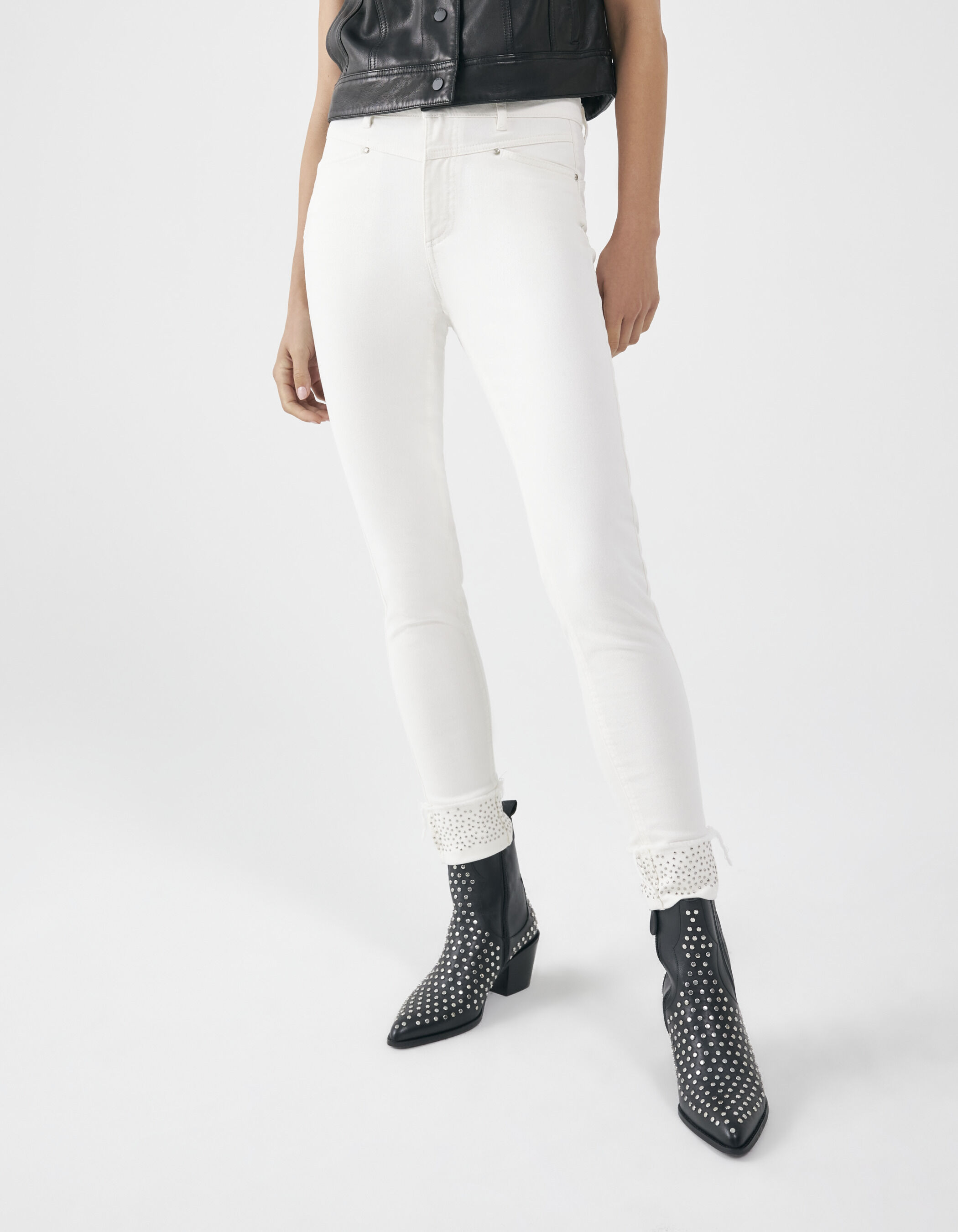 Jean blanc slim sculpt up taille haute bas clout s Femme