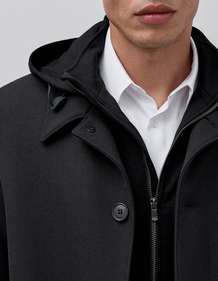 Men&rsquo;s black trench coat with detachable hood facing-5