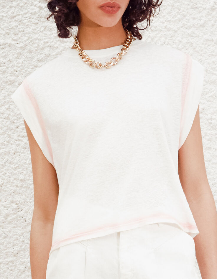 Tee-shirt cropped écru effet spray rose femme-1 Tee-shirt cropped écru effet spray rose femme-1
