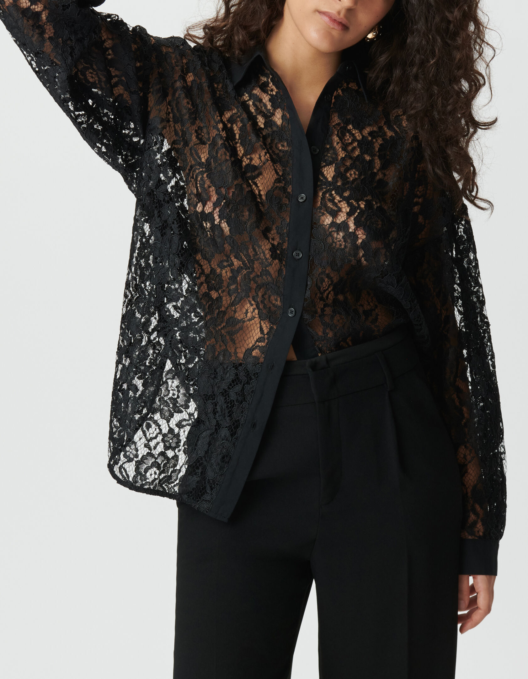 Women's black lace oversized long-sleeve shirt IKKS