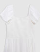 Vestido corto blanco jacquard plumetis niña-2