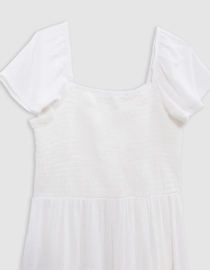 Vestido corto blanco jacquard plumetis niña-2