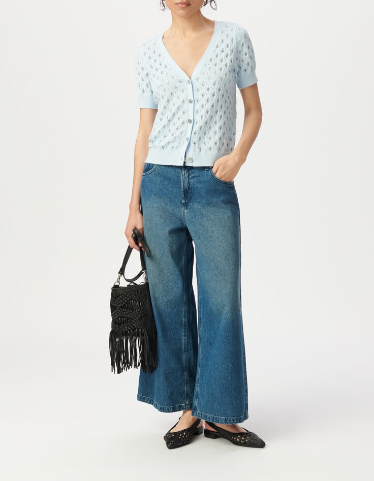 Cardigan bleu tricot fin r&eacute;versible devant dos-1