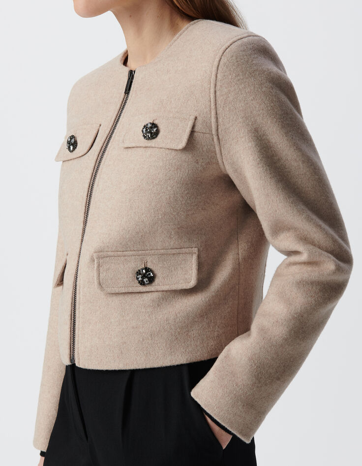 Women's straight beige wool jacket with rhinestone buttons-6