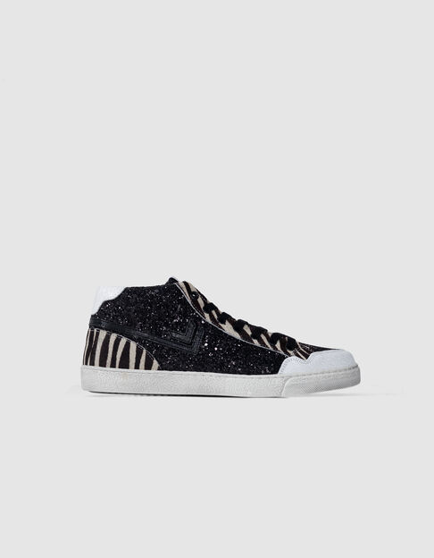Schwarze Damen-Zebra-Sneakers aus Mikro-Pailletten und Leder - IKKS