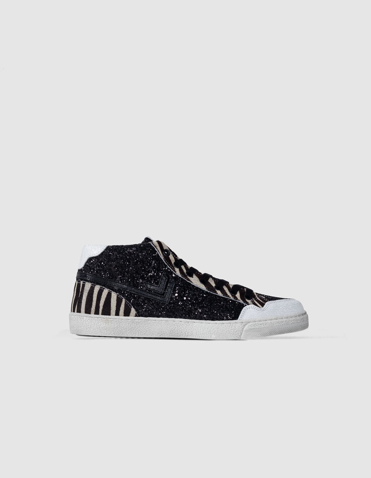 Baskets noires micro sequins et cuir motif zèbre Femme-1