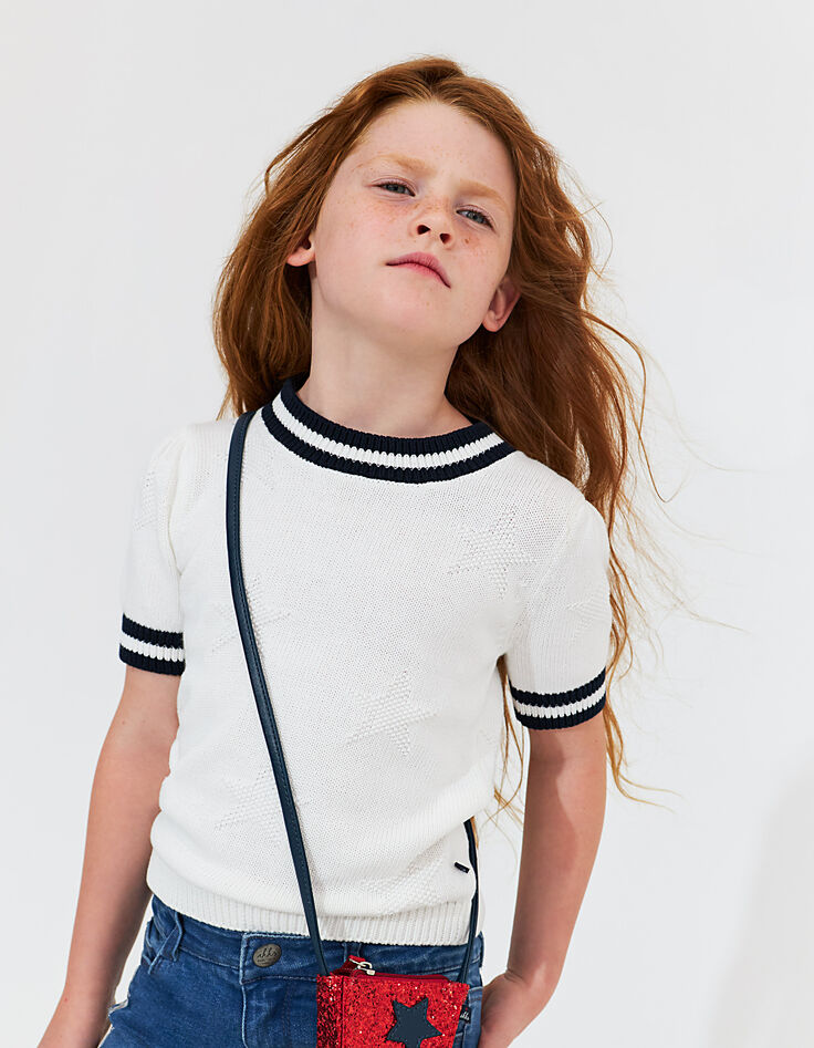 Pull blanc cassé en tricot bords-côtes rayés fille-1 Pull blanc cassé en tricot bords-côtes rayés fille-1