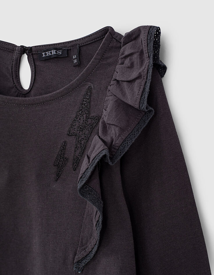 T-shirt noir bio à volants brodé éclairs fille-5