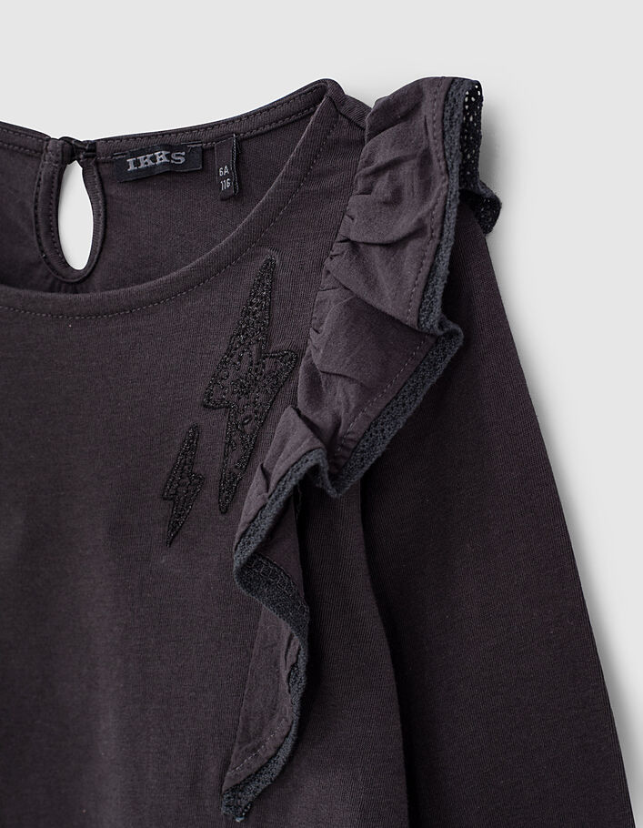 Girls’ black organic T-shirt+lightning embroidered ruffles - IKKS