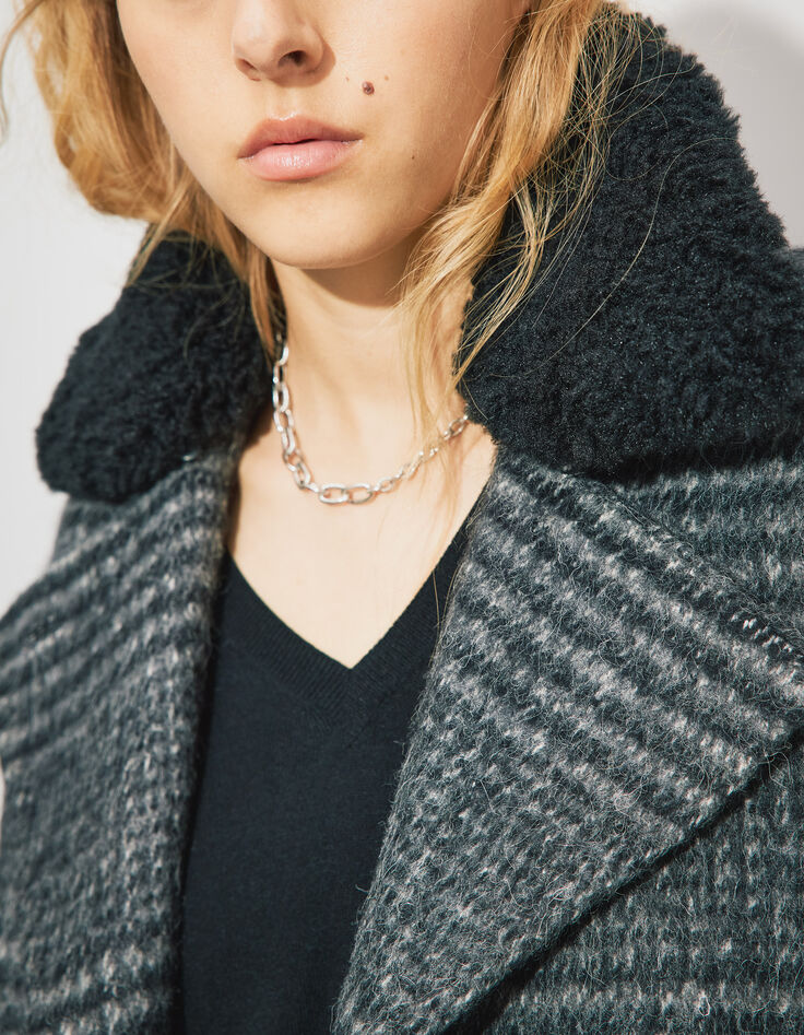 Women’s grey check coat with black faux fur collar-5