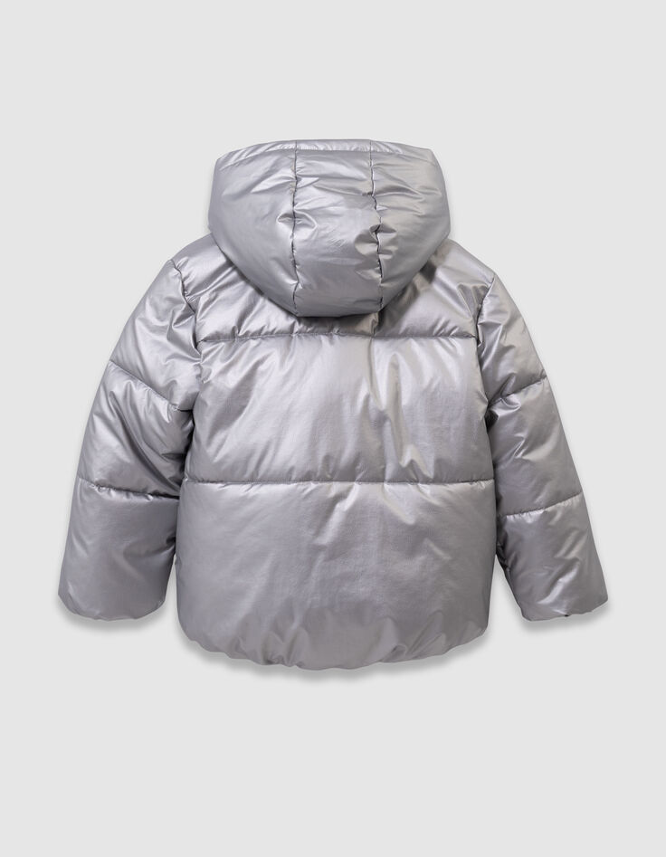 Girls’ silver padded jacket with navy fur-lined hood-3