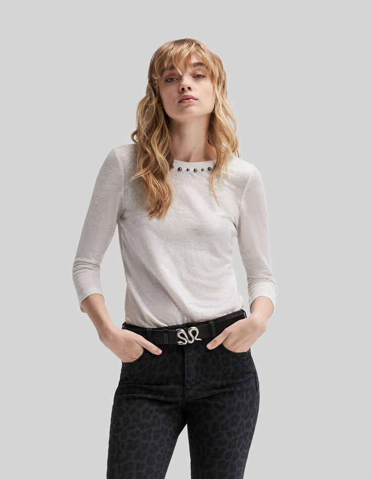 Tee-shirt blanc maille lin irisé décor perles métal Femme-2