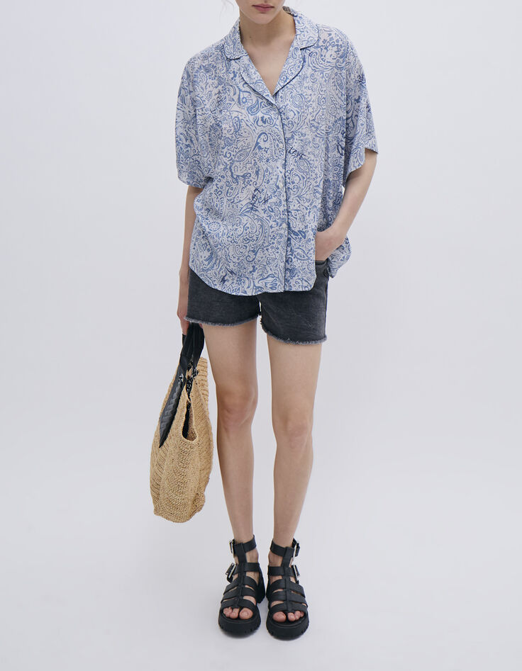 Women’s blue decorative print voile shirt-7 Women’s blue decorative print voile shirt-7