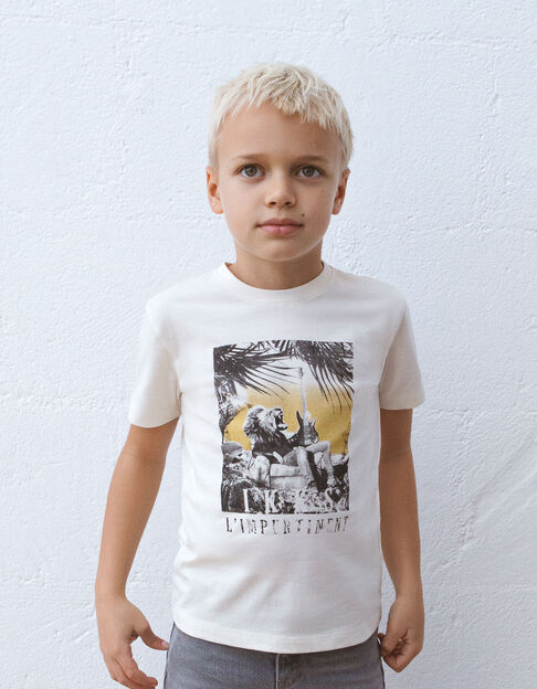 Boys' ecru organic cotton T-shirt with lion-guitar player - IKKS