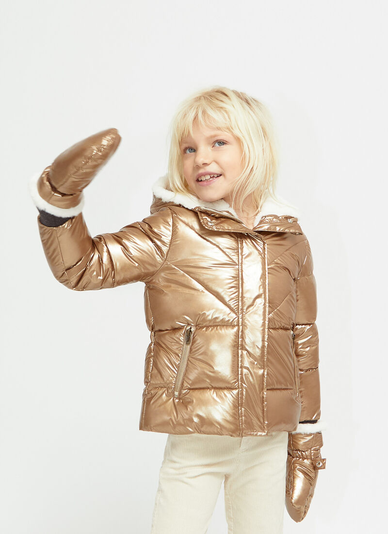 Girls’ gold fur-lined padded jacket, detachable mittens