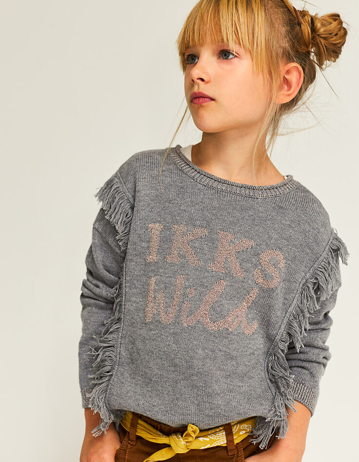 Pull gris à franges côtés et marquage cuivré fille-1