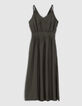 Robe longue kaki bretelles bijoux et fente femme-1