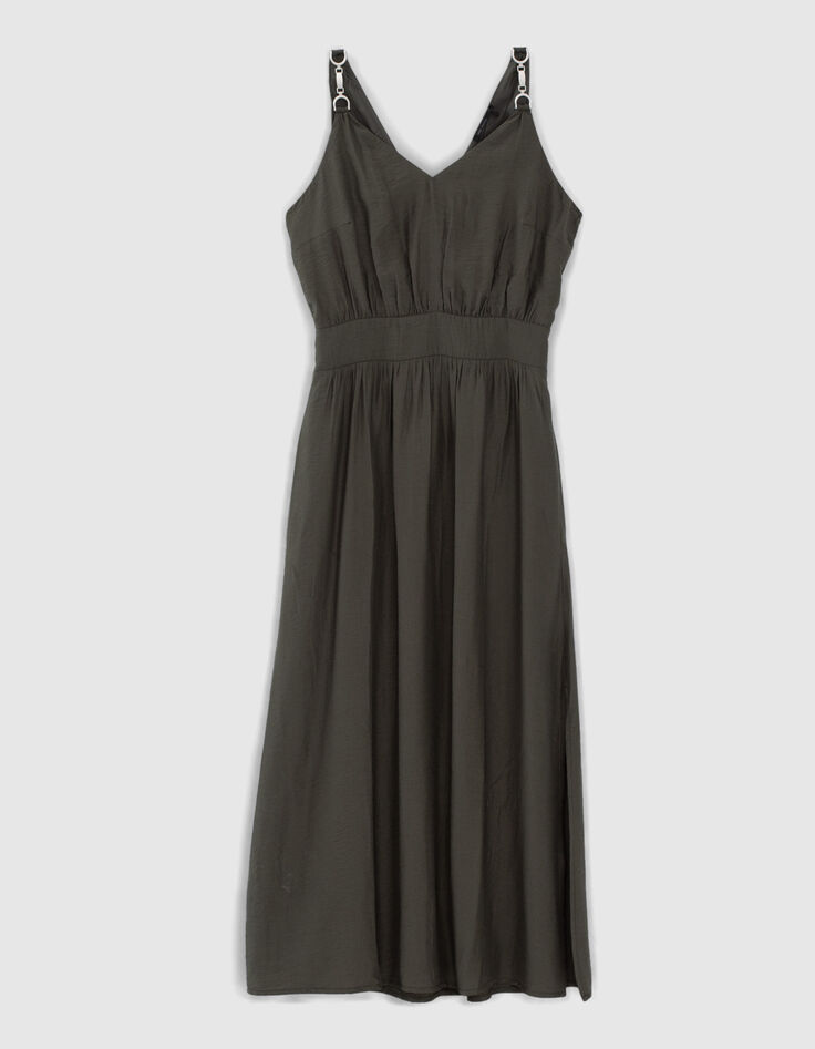 Robe longue kaki bretelles bijoux et fente femme-1