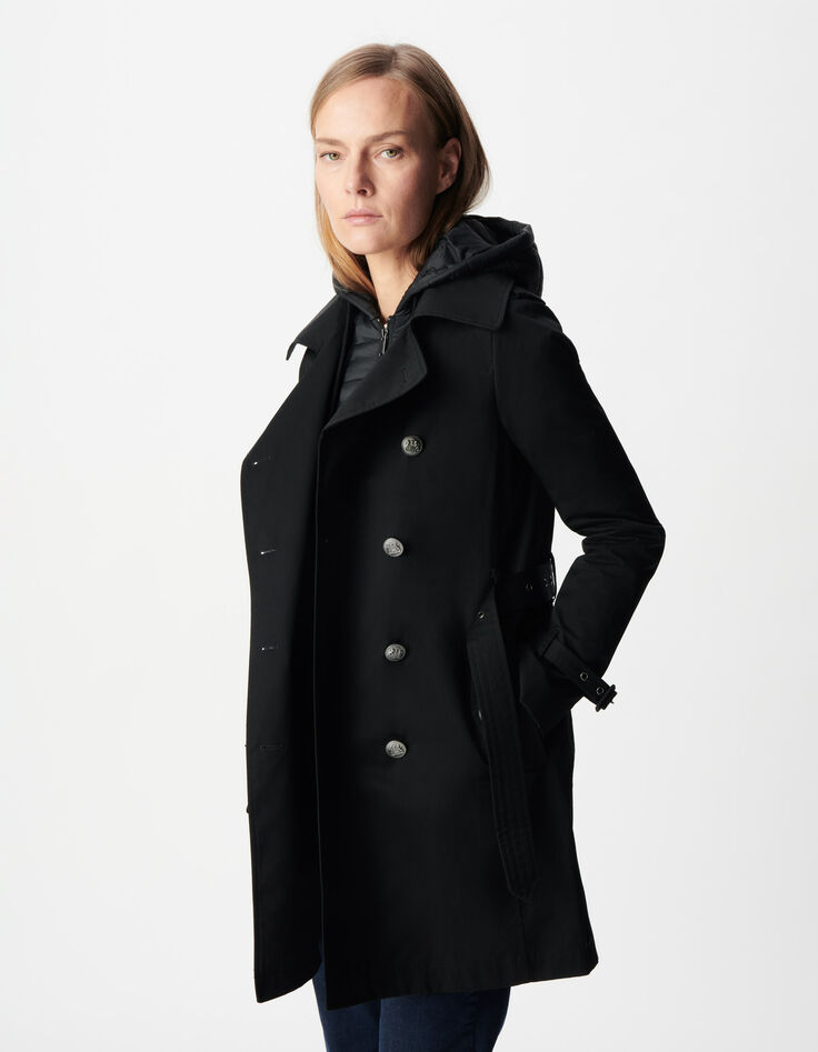 Zwarte trenchcoat voor Dames met afneembare nylon capuchon-4