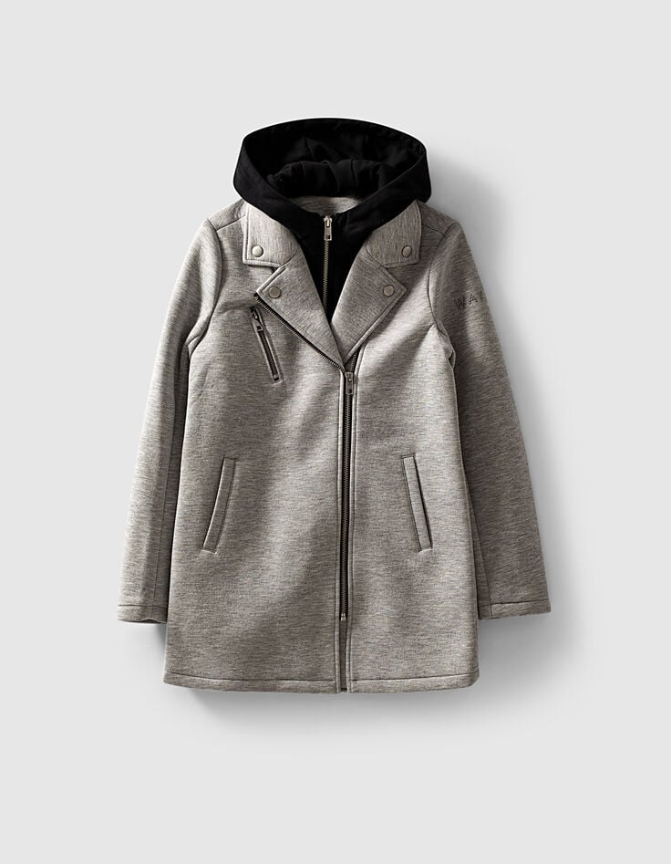 Girls' mid-grey marl coat with hooded facing-1