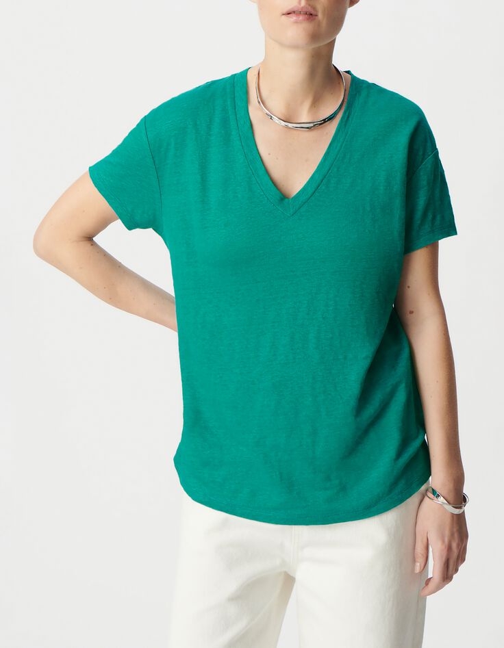 Turquoise V-neck linen knit tee Women-2