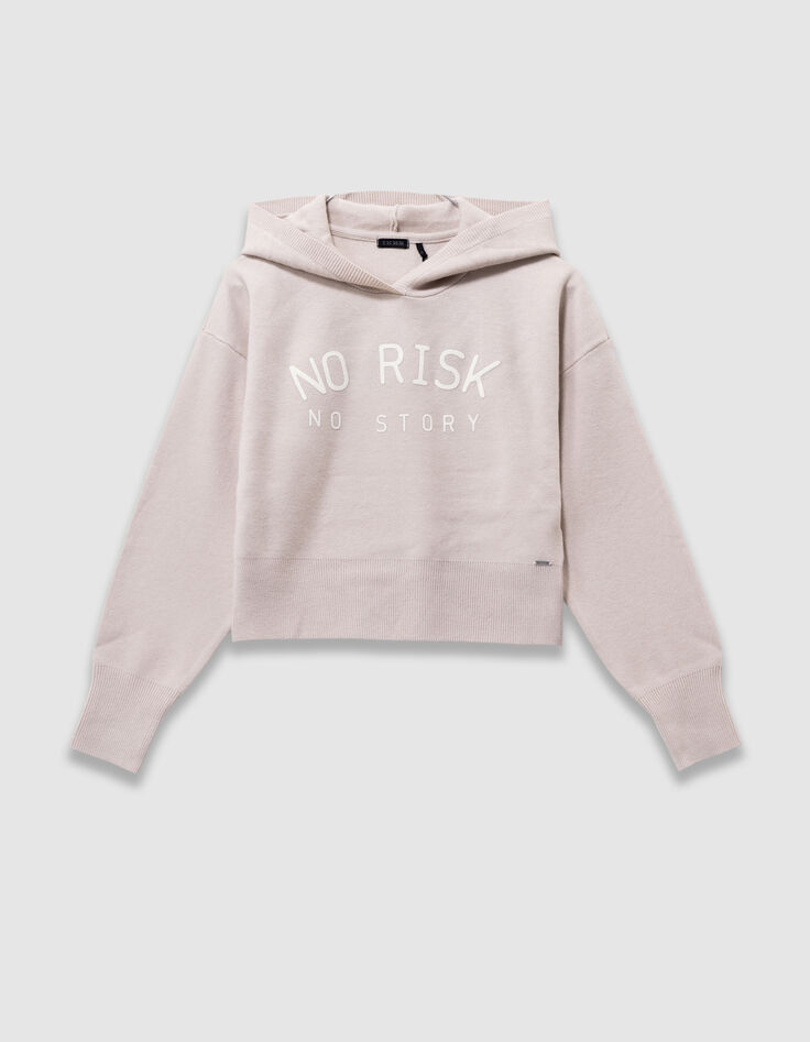 Girls’ beige knit hoodie with slogans-3