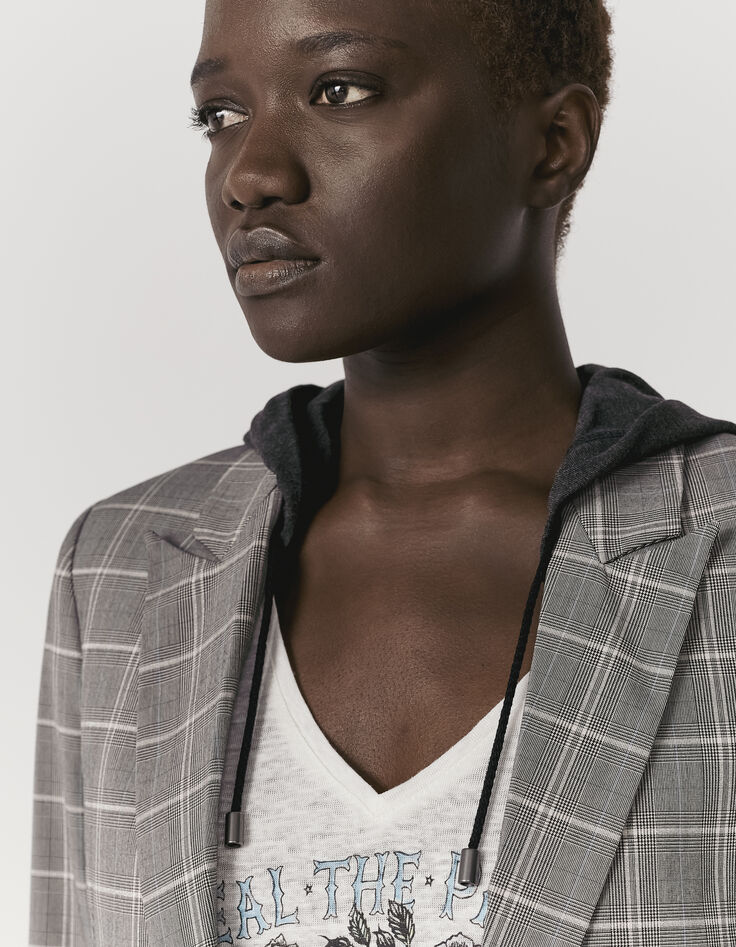 Veste à carreaux gris et lignes blanches capuche femme-5
