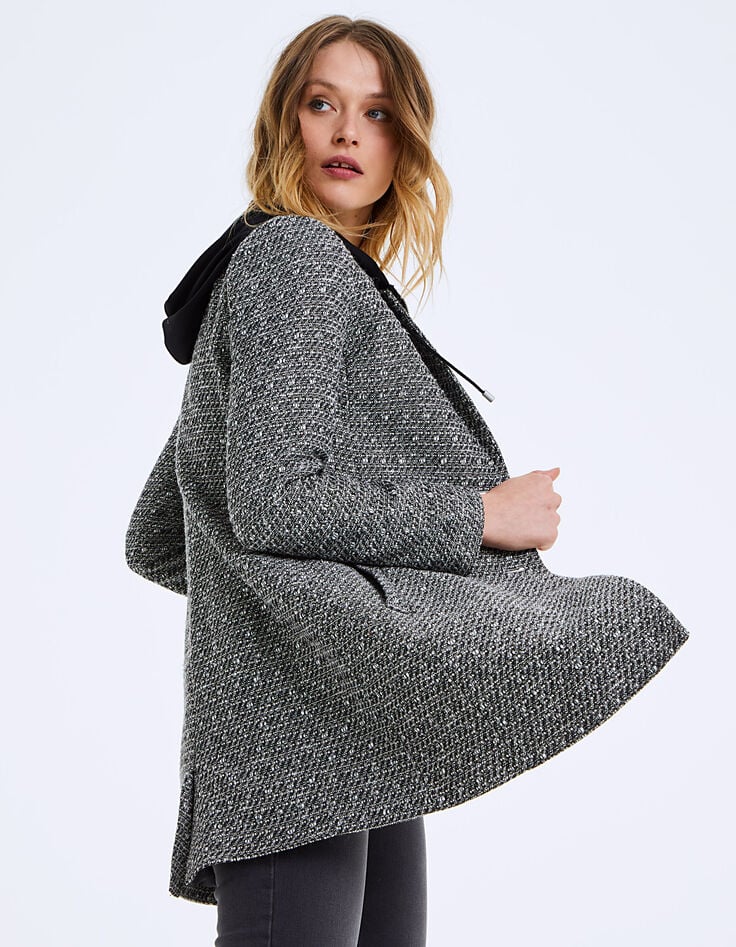 Manteau mi-long en tweed à capuche amovible femme-1