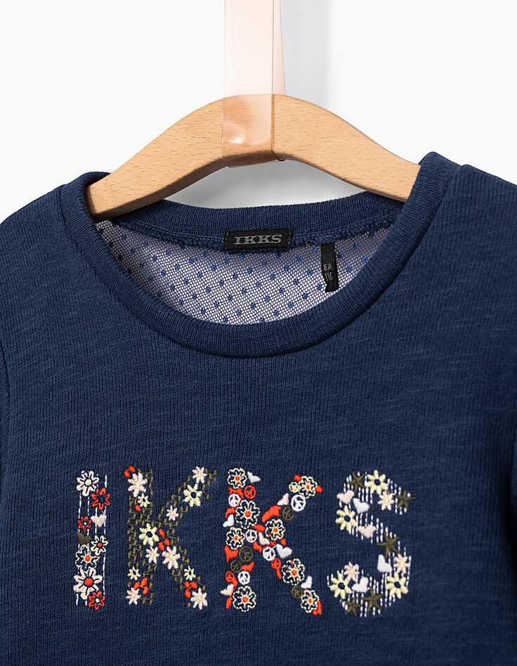 Blaues Mädchensweatshirt mit Blumenstickerei-4