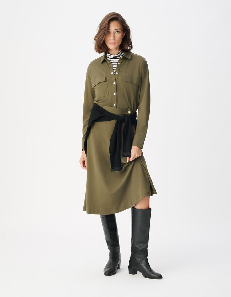 Women's Khaki Knit Shirt Dress with Belt-1