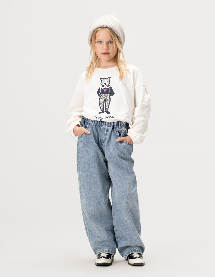 T-shirt écru coton bio lapin col dentelle 3D fille-1