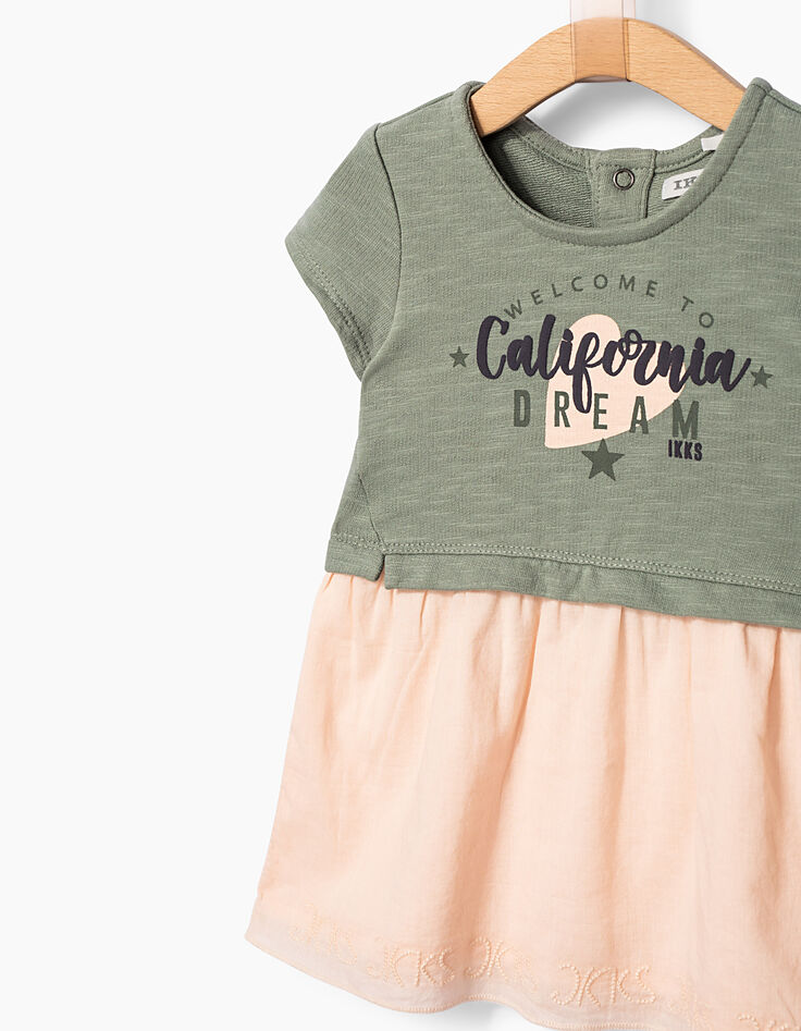 Robe kaki clair et rose poudré bi matière bébé fille -3