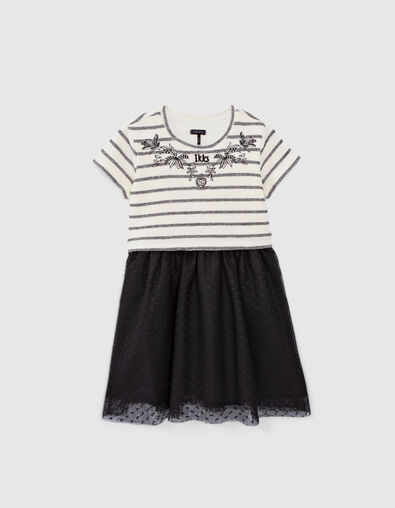 Cremeweiß-Schwarz gestreiftes Mädchenkleid mit Tutu-Rock - IKKS