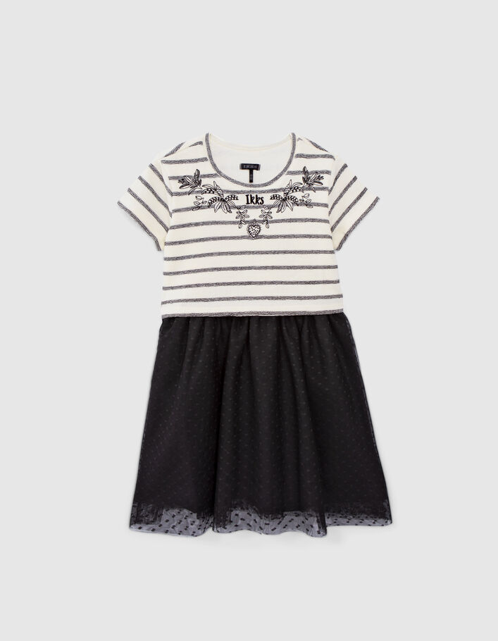 Girls' ecru dress, black striped mixed-fabric tutu skirt - IKKS