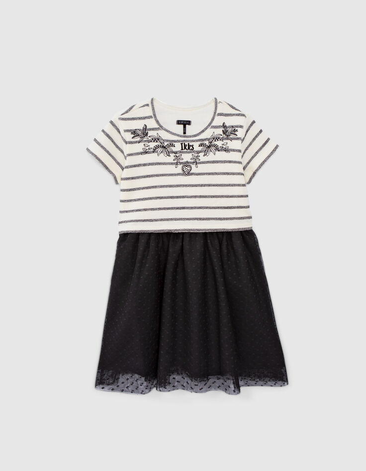 Cremeweiß-Schwarz gestreiftes Mädchenkleid mit Tutu-Rock-1