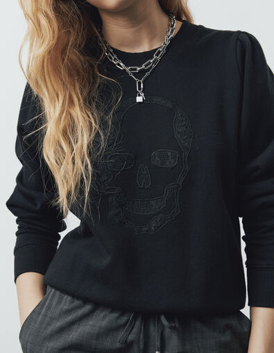 Schwarzes Damensweatshirt mit Totenkopf aus Spitze - IKKS