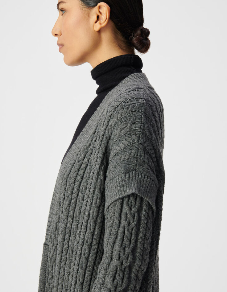 Lang grijs vest details kabelbreiwerk Dames-6