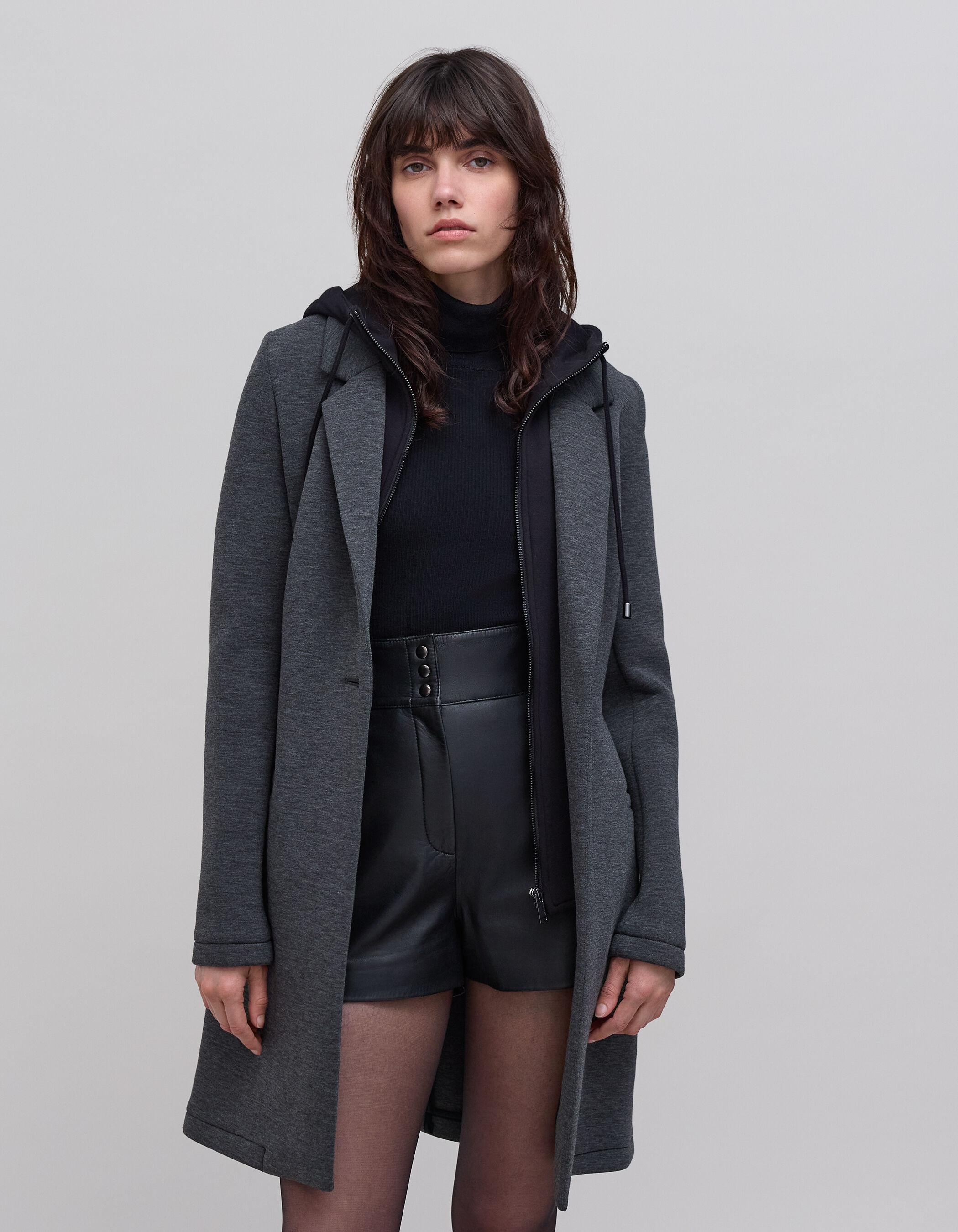 Manteau long en neoprene et capuche amovible femme IKKS