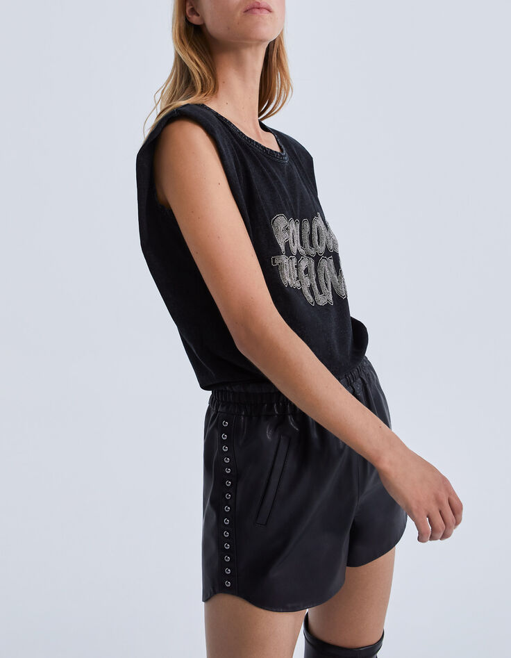 Women&rsquo;s black studded biker-style shorts-1