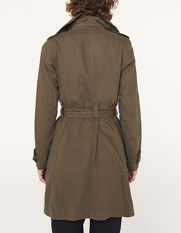 Trench long en lin kaki détails oeillets femme-3