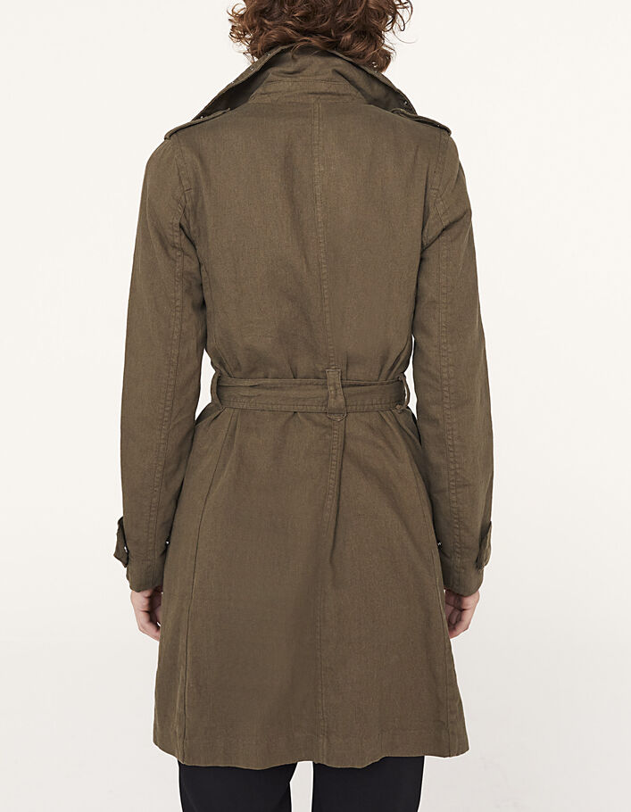 Women’s khaki linen long trench coat with eyelet details - IKKS