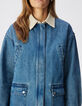 Women's blue denim jacket with ecru velour collar-2