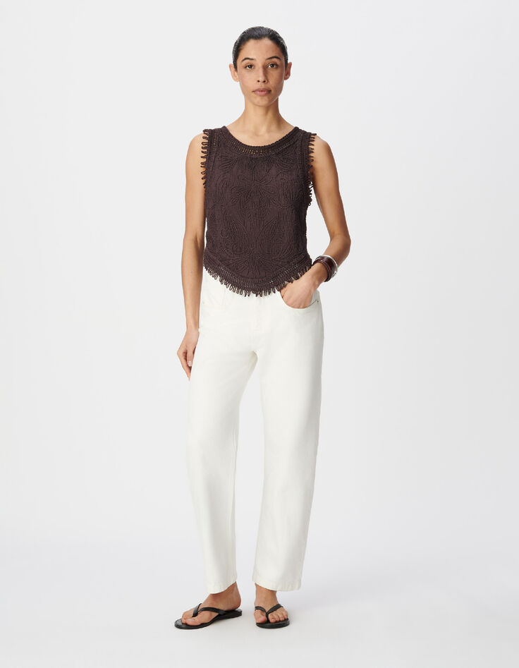 Top sans manches bordeaux motifs brod&eacute;s crochet Femme-1