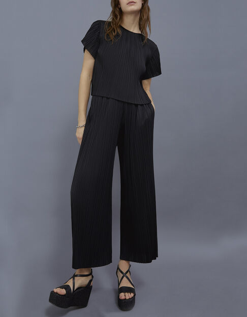Weite schwarze Damen-Plisséehose, Recycling-Polyester