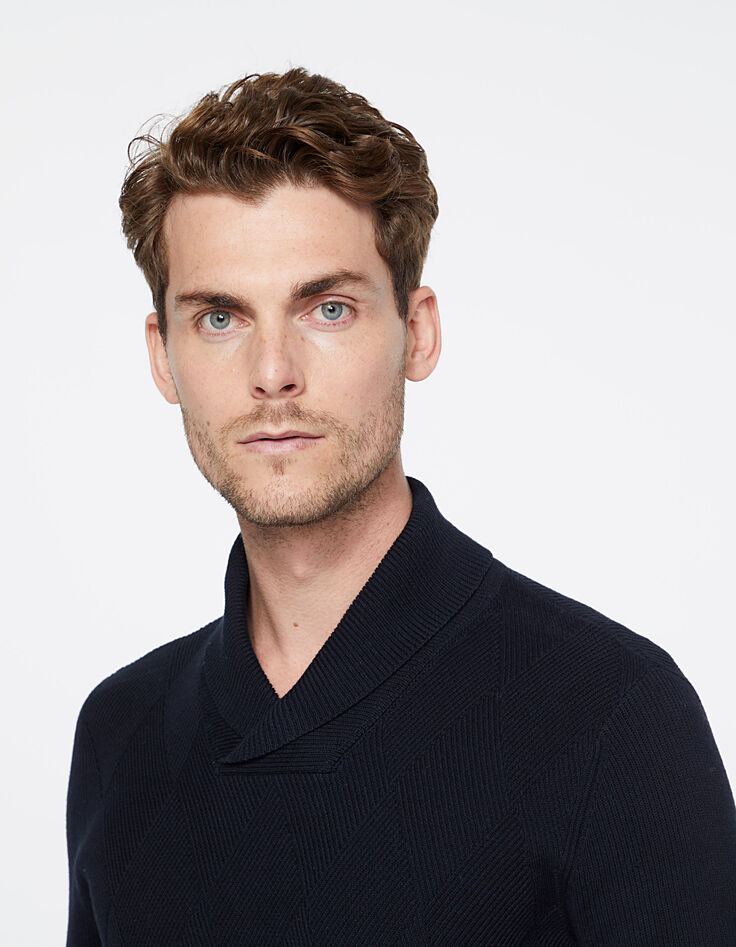 Pull marine tricot losanges reliefés Homme-5