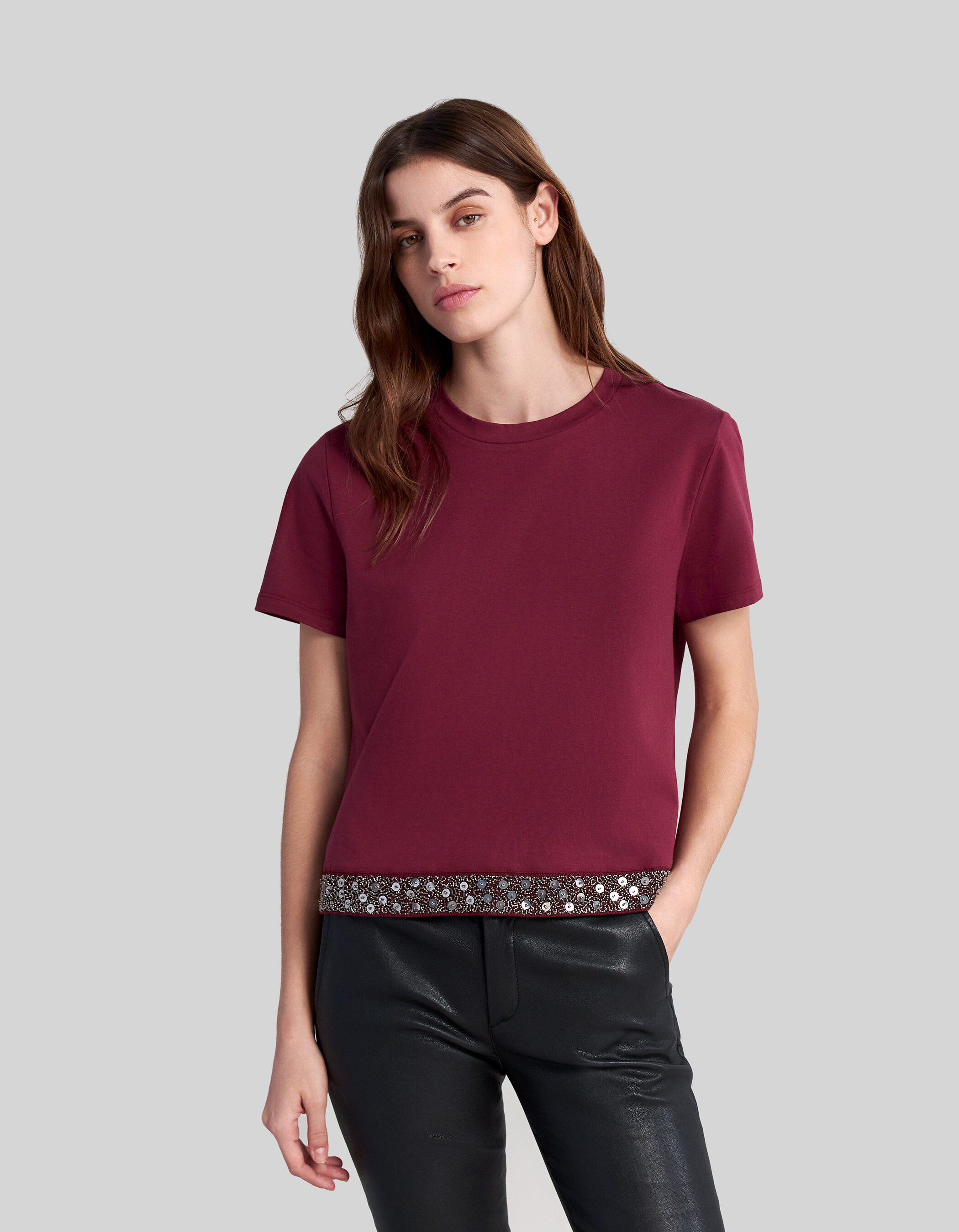 Tee shirt bordeaux coton bio broderies bijou Femme IKKS