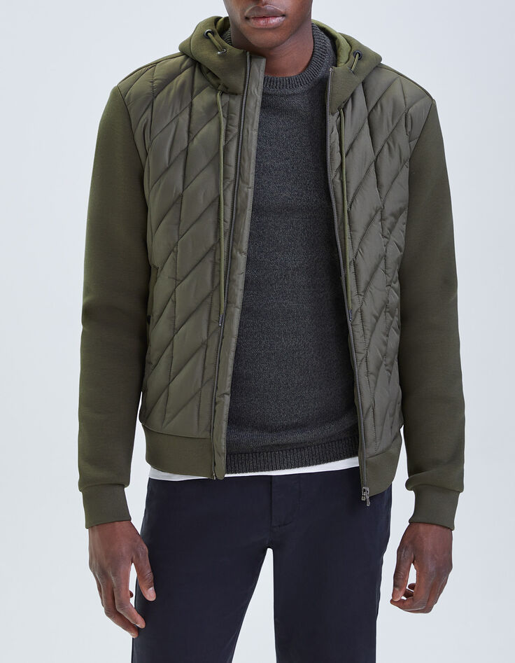 Men's khaki mixed-fabric quilted light padded jacket-1