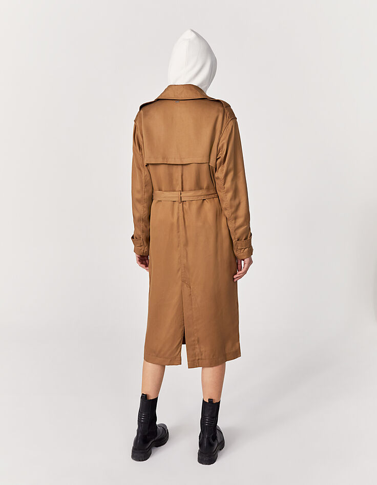 Lange beige trench in tencel afneembare ceintuur dames-3