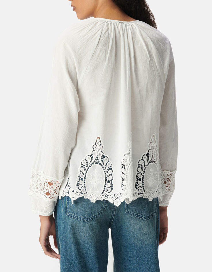 Locker sitzende wei&szlig;e Bluse mit Spitzenstickerei Damen-3