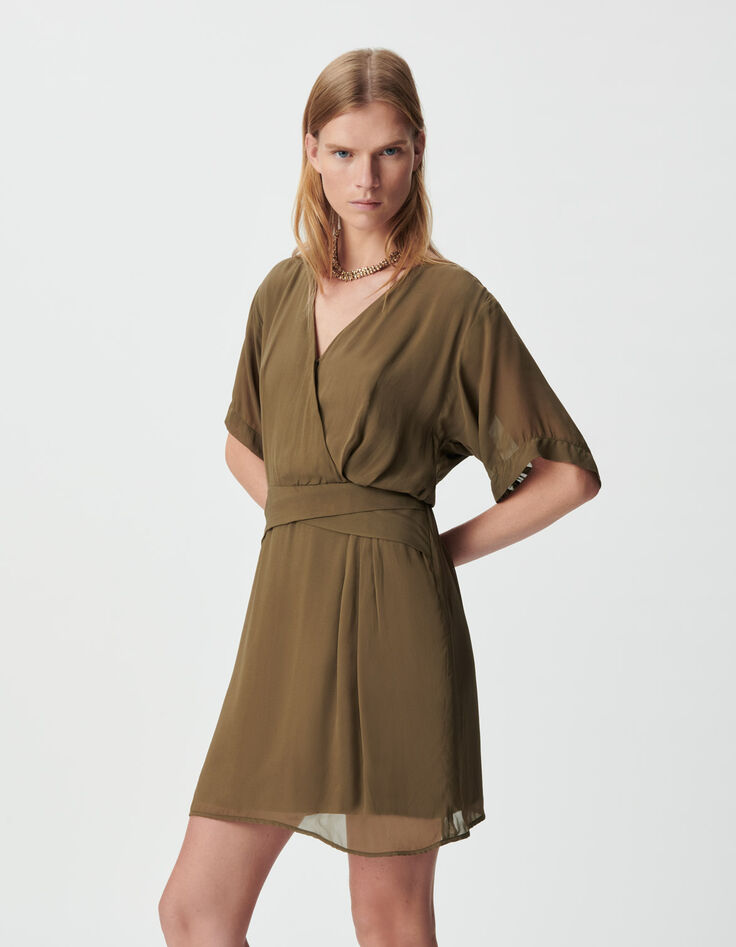 Robe cache-coeur kaki taille drapée Femme-4 Robe cache-coeur kaki taille drapée Femme-4